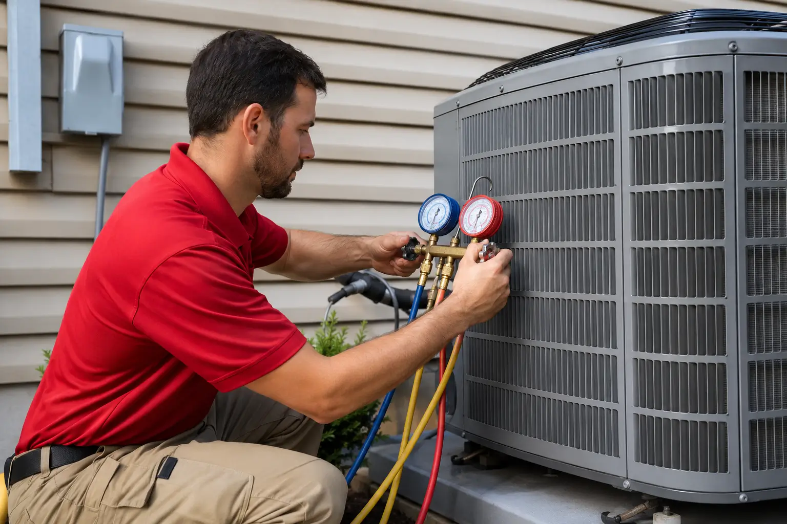Professional HVAC Technician Performing Air Conditioner Maintenance