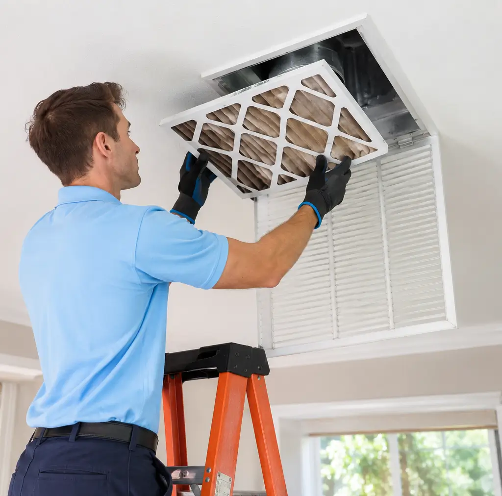 Professional HVAC technician replacing a dirty return air filter